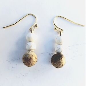 Hand Crafted Stone and Howlite Dangle Earrings White/Tan 1”